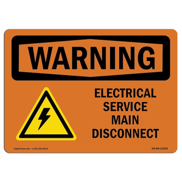 OSHA Warning Sign, 18" Height, 24" Width, Electrical Service Main Disconnect With Symbol, Landscape